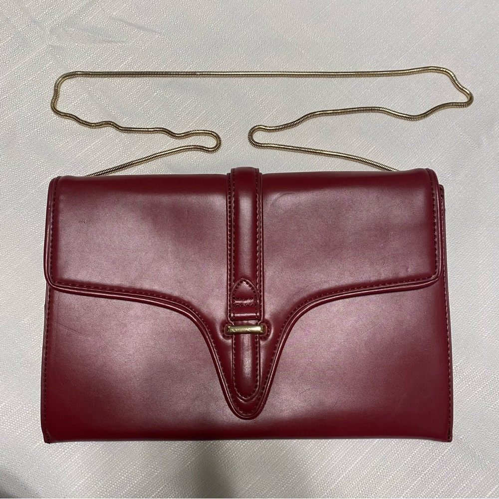 Zara Red/Burgundy Faux Leather Clutch with Gold Tone Metal Strap Evening Party
